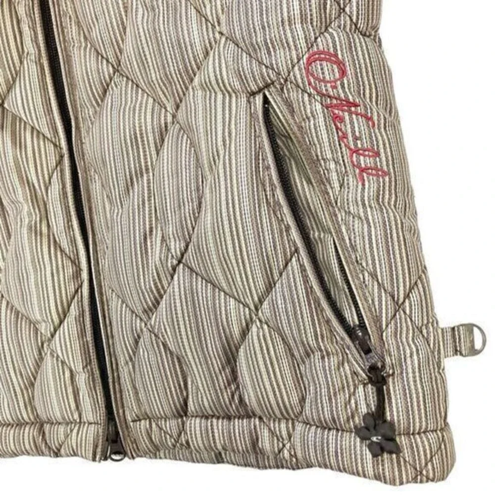 O'Neill Transit Quilted Puffer Vest Women S Tan Brown Striped Goose Down Outdoor